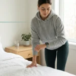 Young woman performing morning stand test checking heart rate on smartwatch for POTS