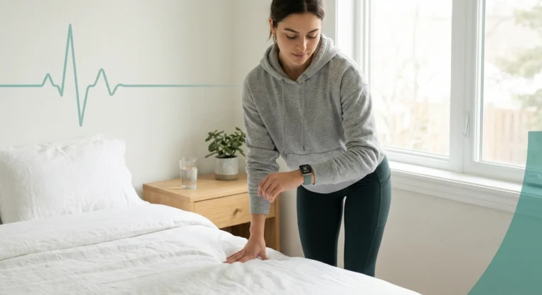 Young woman performing morning stand test checking heart rate on smartwatch for POTS