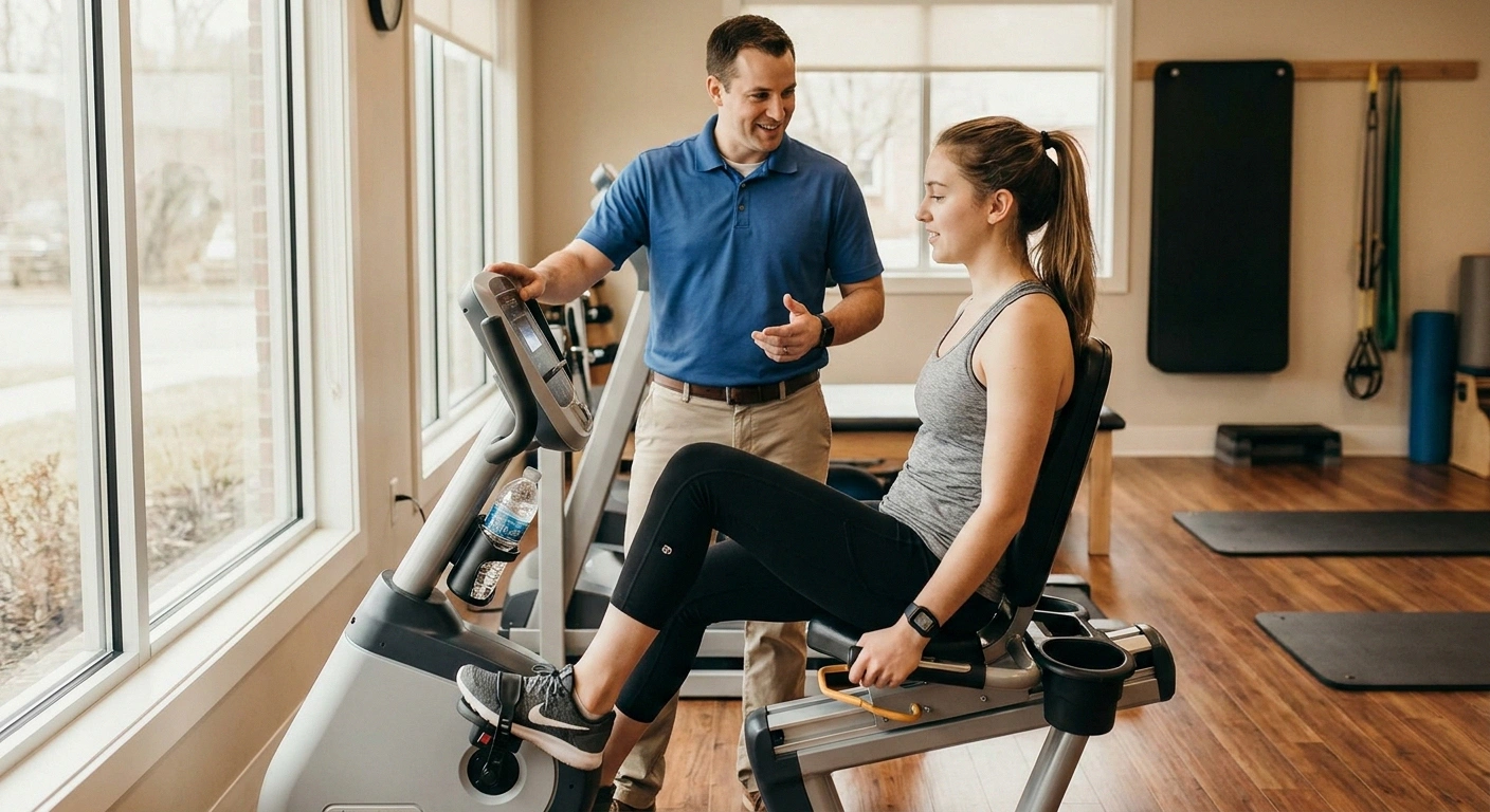 Young woman on recumbent bike with physical therapist reconditioning for POTS