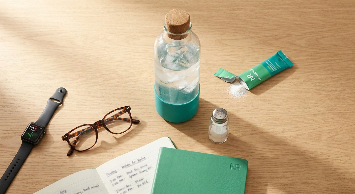 Water bottle electrolyte powder salt shaker and heart rate monitor for daily POTS management