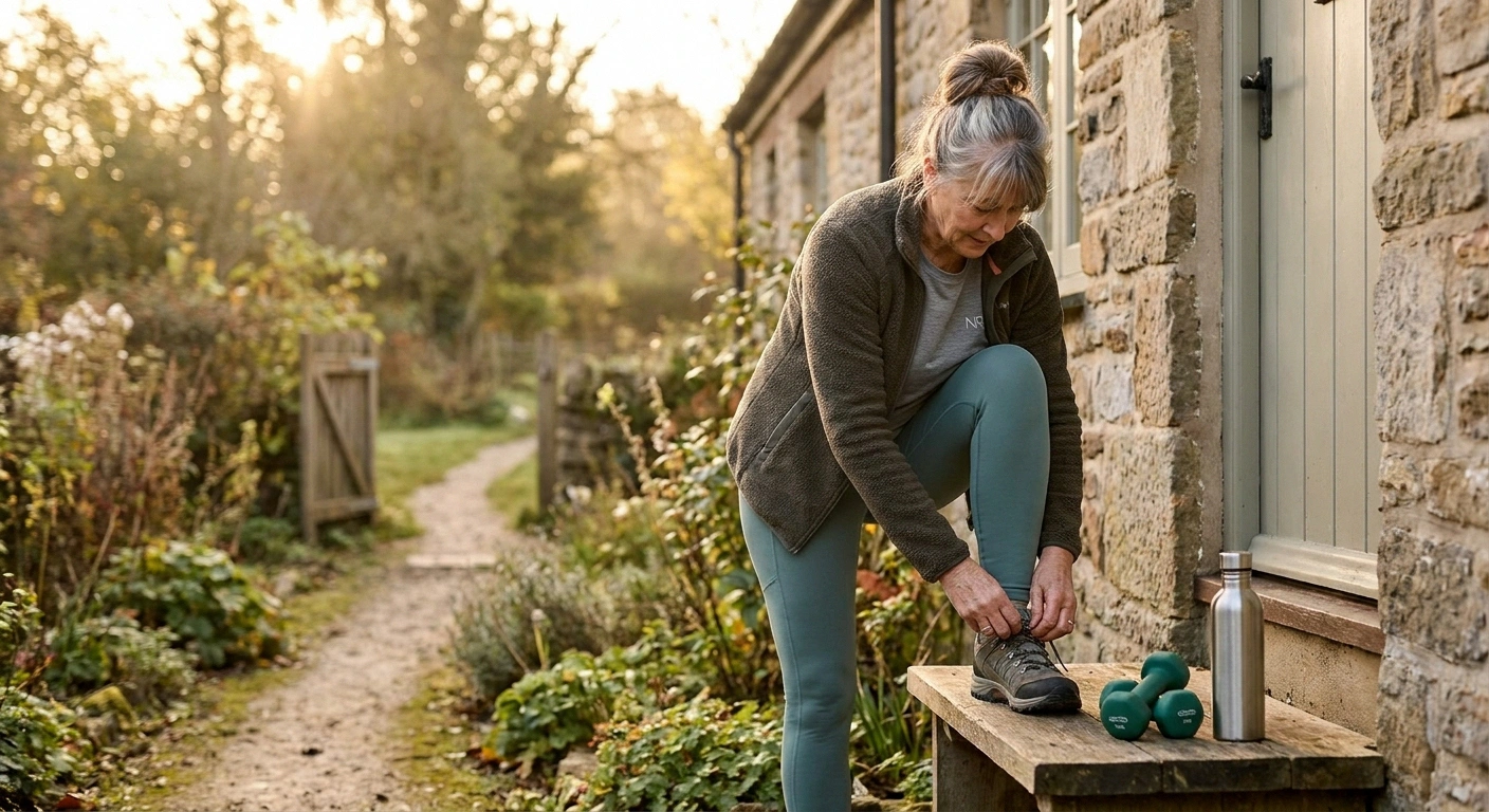 Older woman lacing walking shoes on her front step ready for a morning walk to reverse prediabetes and protect her nerves