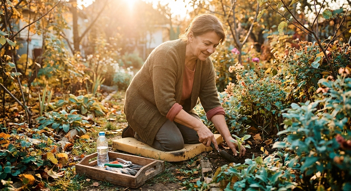 Older woman gardening peacefully between Wartenberg's attacks with a kneeling pad nearby to prevent future flare-ups