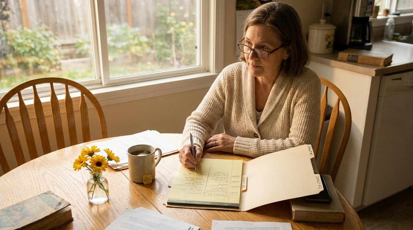 A woman in her early 60s compares two surgical consultation folders at her kitchen table, drawing up a pros and cons list during the 2-week decision interval.