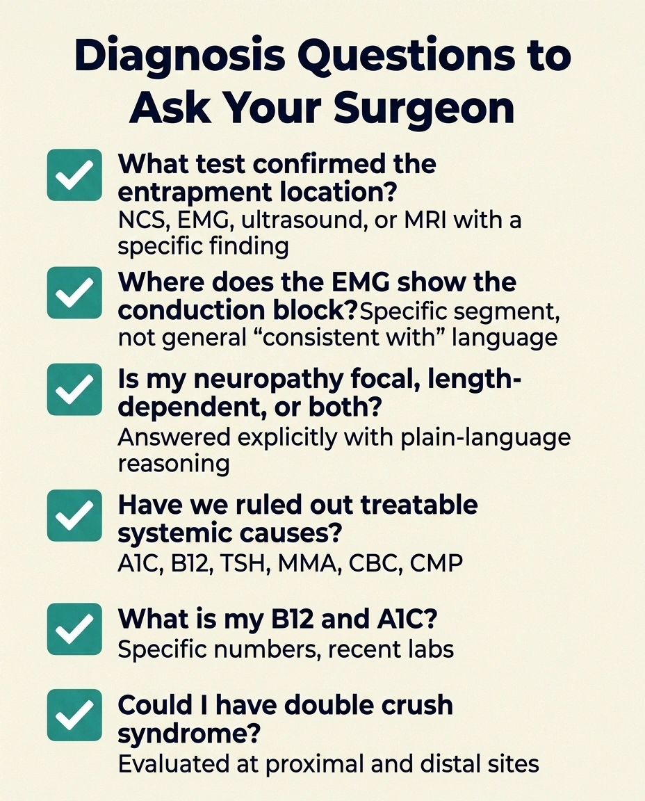 A vertical checklist infographic showing six diagnosis questions to ask a surgeon before nerve decompression surgery with what a good answer includes for each.