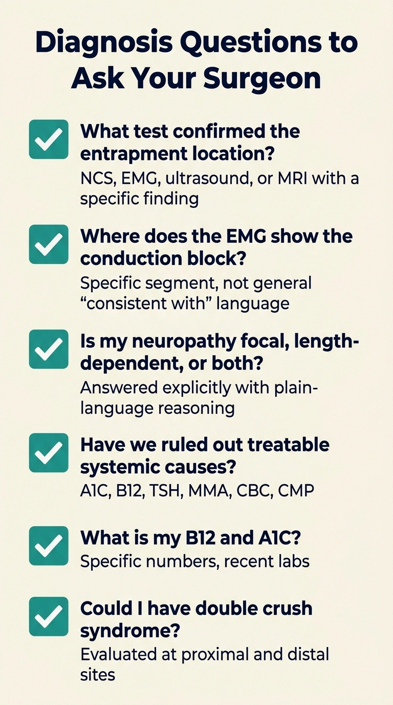 A vertical checklist infographic showing six diagnosis questions to ask a surgeon before nerve decompression surgery with what a good answer includes for each.