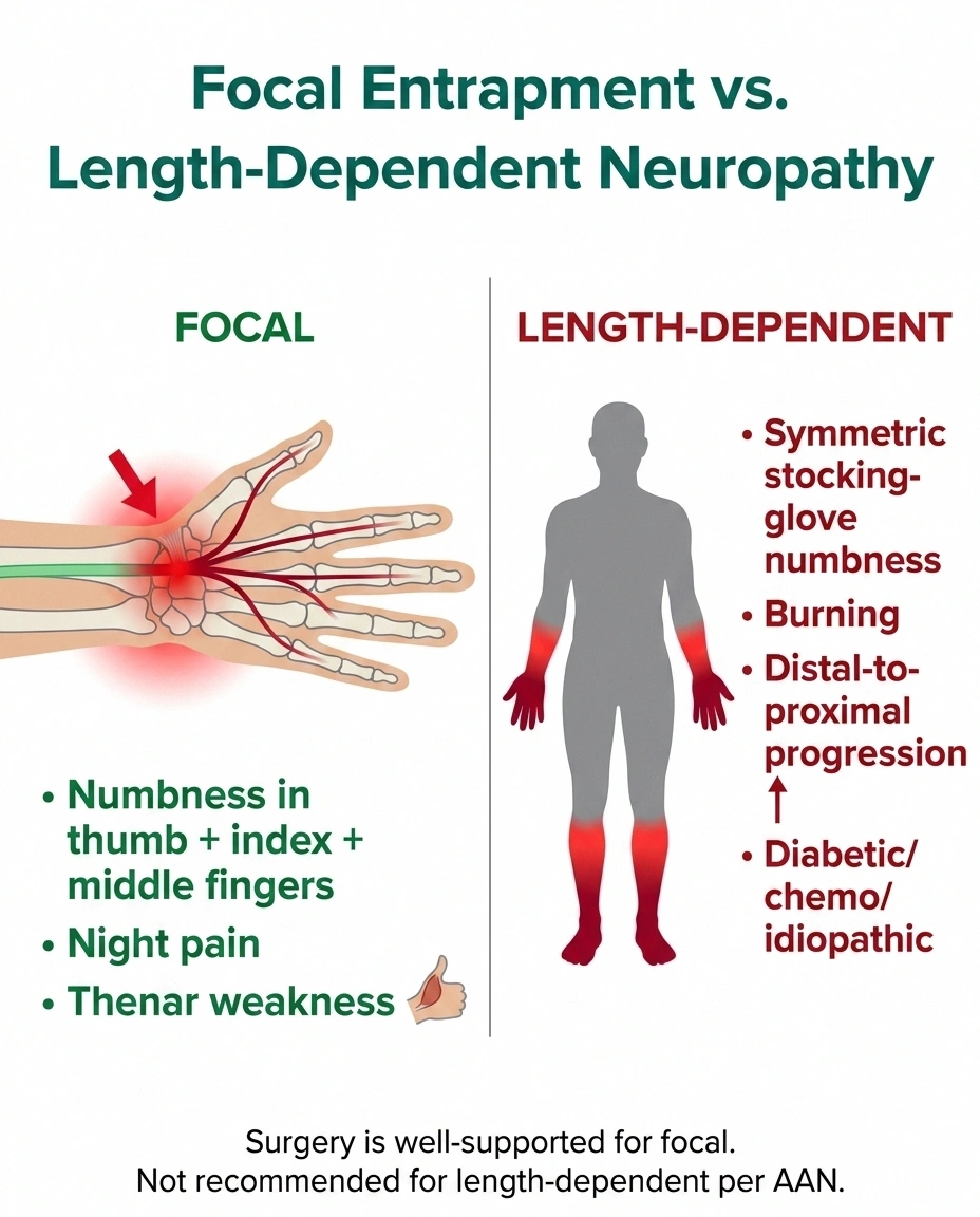 An infographic comparing focal entrapment neuropathy at the carpal tunnel with length-dependent stocking-glove neuropathy, highlighting which pattern responds to surgery.