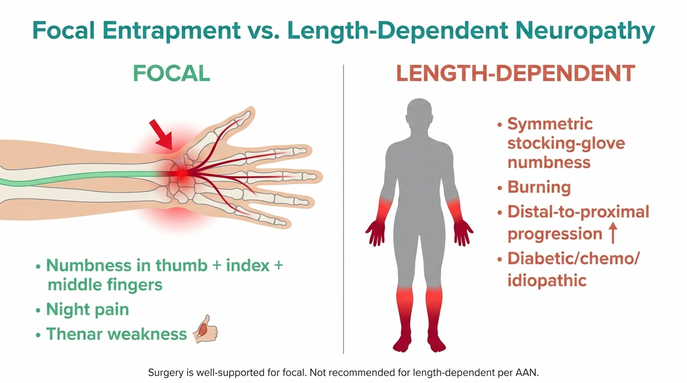 An infographic comparing focal entrapment neuropathy at the carpal tunnel with length-dependent stocking-glove neuropathy, highlighting which pattern responds to surgery.
