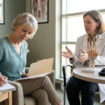 A woman in her early 60s takes notes during a surgical consultation as a hand surgeon explains nerve decompression using an anatomical model.