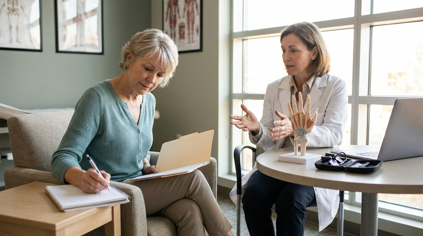 A woman in her early 60s takes notes during a surgical consultation as a hand surgeon explains nerve decompression using an anatomical model.