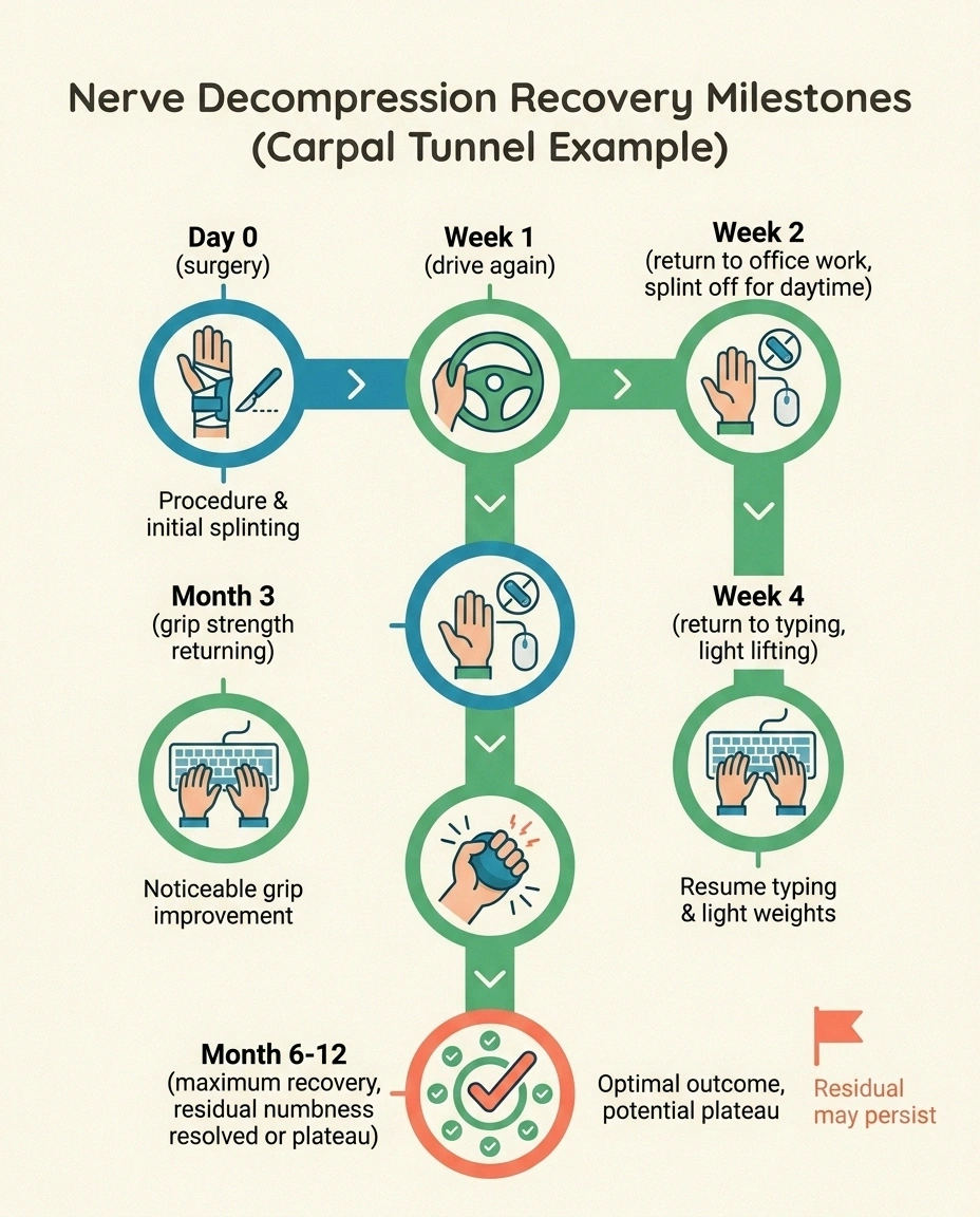 A horizontal timeline infographic showing recovery milestones after carpal tunnel release from surgery day through 6 to 12 months of maximum recovery.