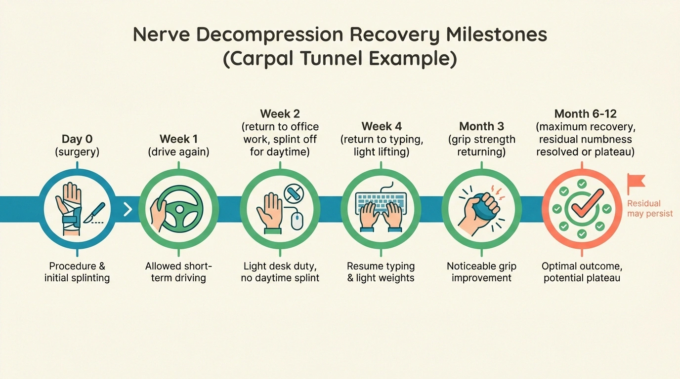 A horizontal timeline infographic showing recovery milestones after carpal tunnel release from surgery day through 6 to 12 months of maximum recovery.