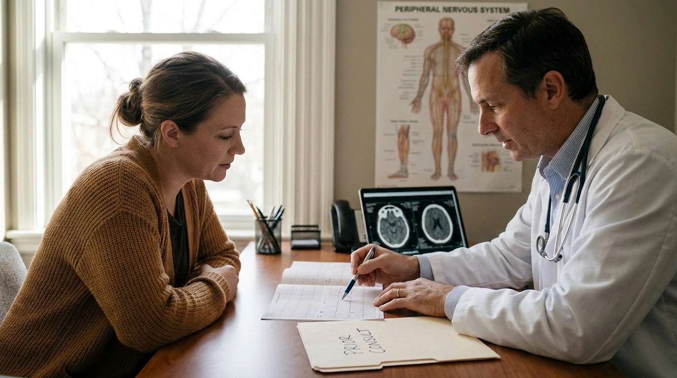 A patient in her early 60s brings her EMG results and prior consultation notes to a neurologist for a second opinion on nerve decompression surgery.