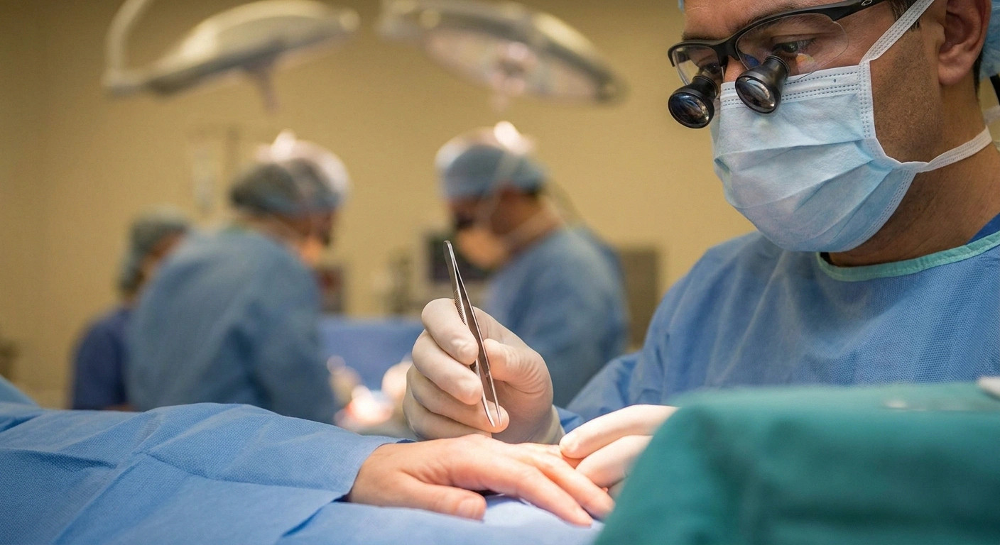 A fellowship-trained hand surgeon in surgical loupes uses fine microsurgical instruments during a nerve decompression procedure.