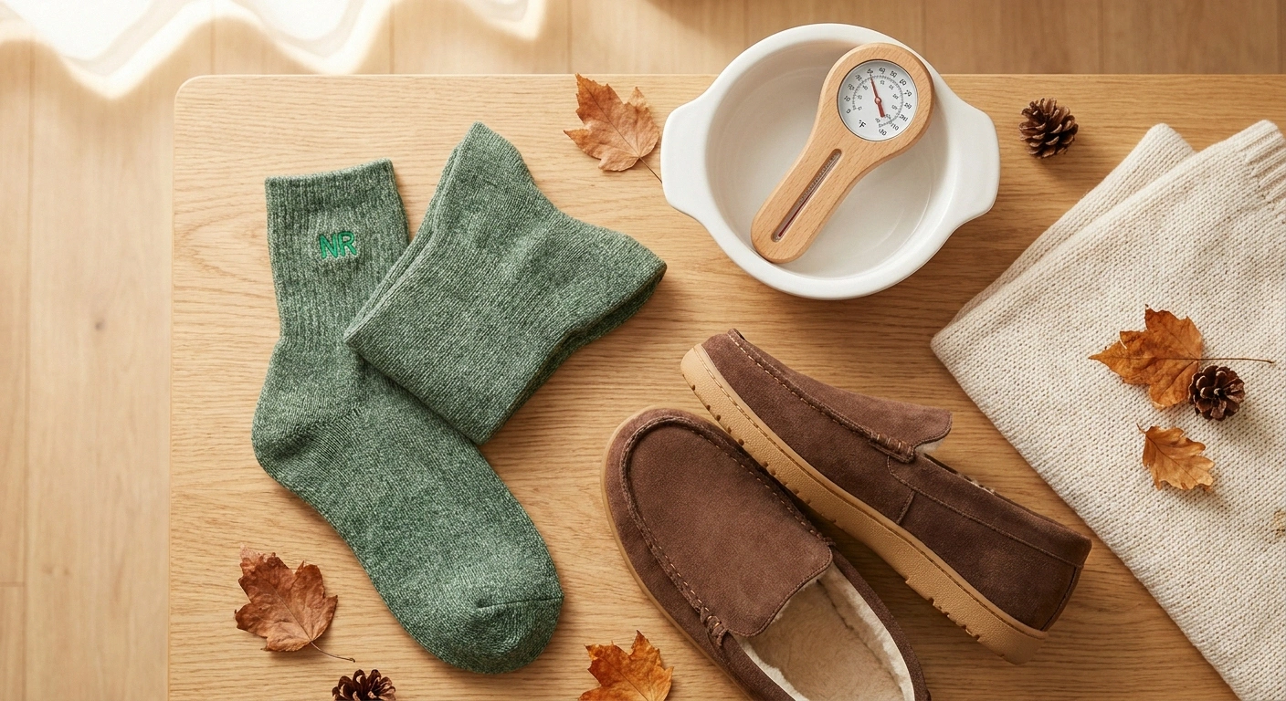 Flat-lay of neuropathy-safe warming items including thick wool socks, moccasin slippers, and a foot-soak basin with a bath thermometer