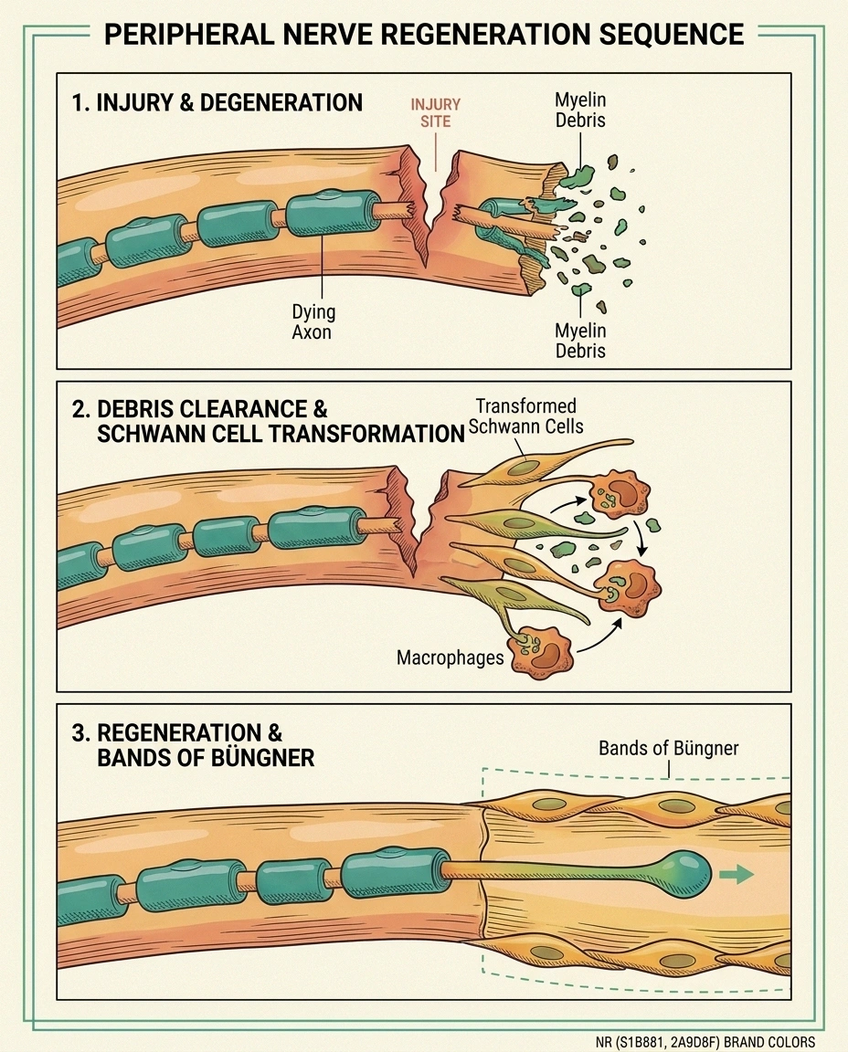 Three-panel diagram of peripheral nerve repair showing debris clearance and Bands of Bungner guiding axon regrowth