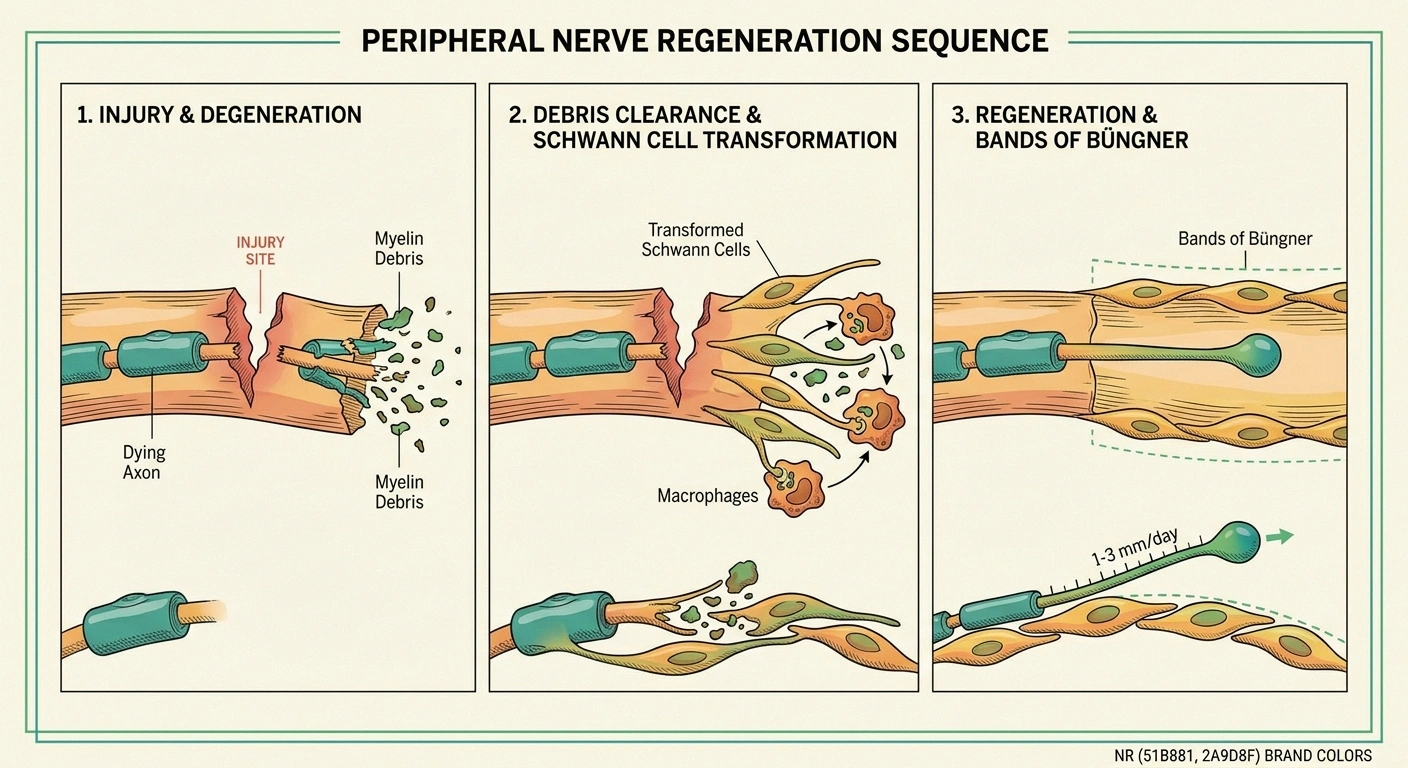 Three-panel diagram of peripheral nerve repair showing debris clearance and Bands of Bungner guiding axon regrowth