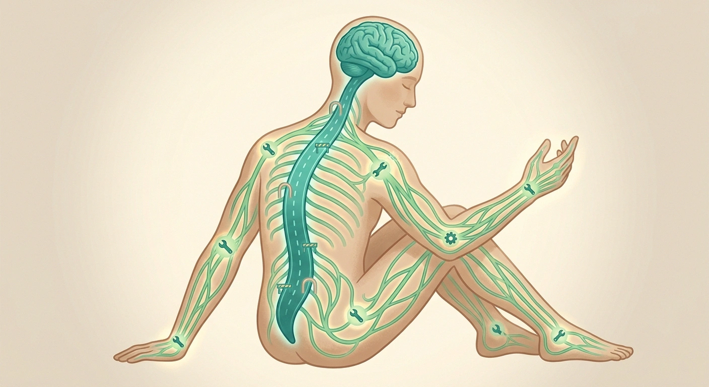 Editorial illustration contrasting central and peripheral nervous system highways with peripheral repair pathways highlighted