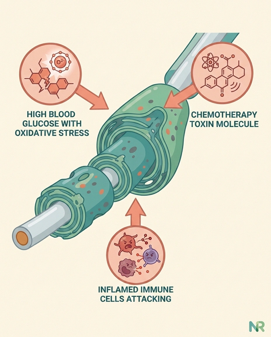 Infographic showing three sources of Schwann cell damage in neuropathy including high blood sugar chemo and inflammation
