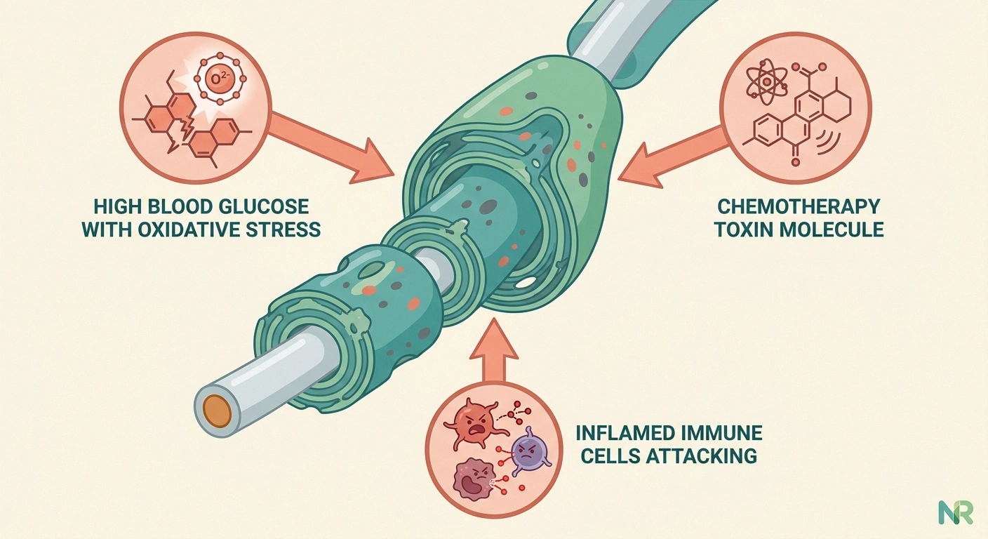 Infographic showing three sources of Schwann cell damage in neuropathy including high blood sugar chemo and inflammation