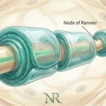 Scientific illustration of a peripheral nerve axon wrapped in Schwann cell myelin sheaths with nodes of Ranvier