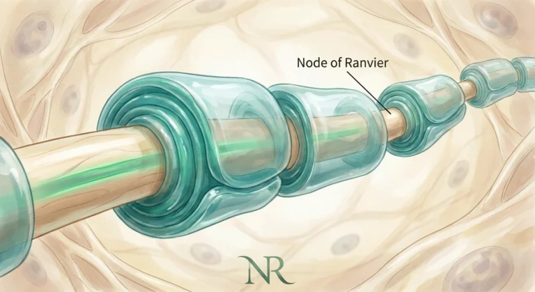 Scientific illustration of a peripheral nerve axon wrapped in Schwann cell myelin sheaths with nodes of Ranvier