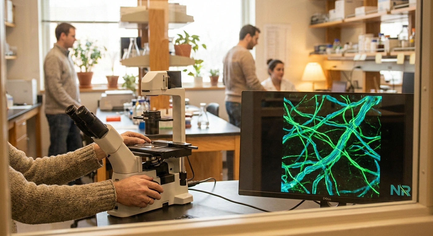 Neuroscience researcher at a microscope viewing fluorescent image of nerve fibers wrapped in Schwann cell myelin
