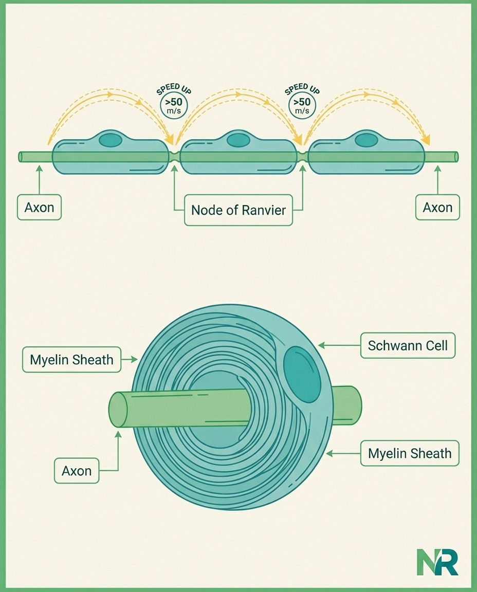Infographic diagram of a Schwann cell wrapping an axon in myelin with labeled nodes of Ranvier and saltatory conduction