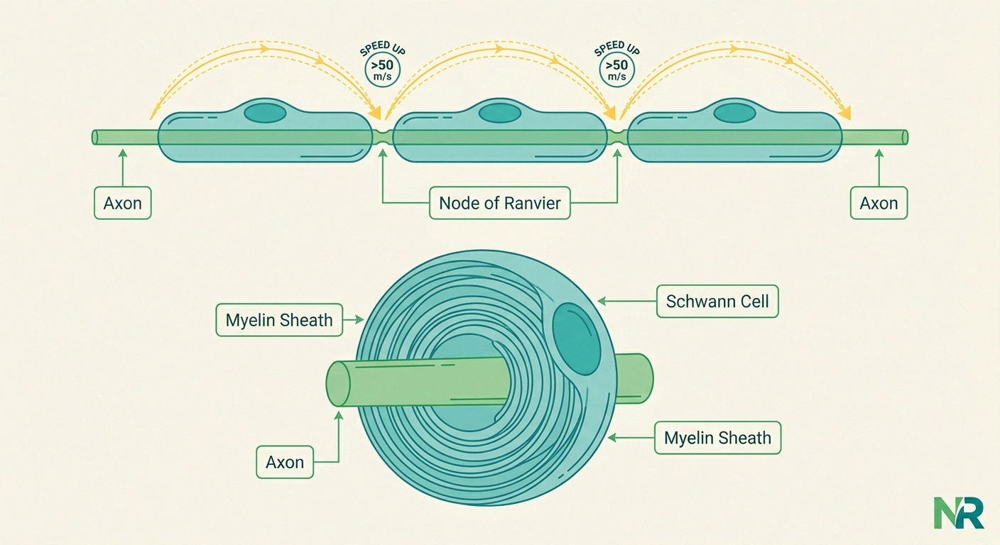 Infographic diagram of a Schwann cell wrapping an axon in myelin with labeled nodes of Ranvier and saltatory conduction