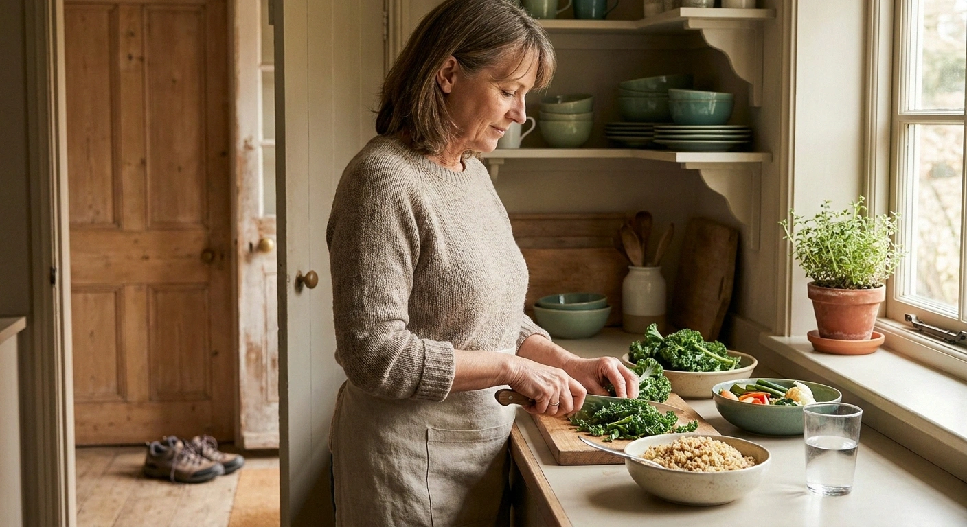 Woman in her fifties preparing a healthy meal in a sunlit kitchen with walking shoes visible in the background