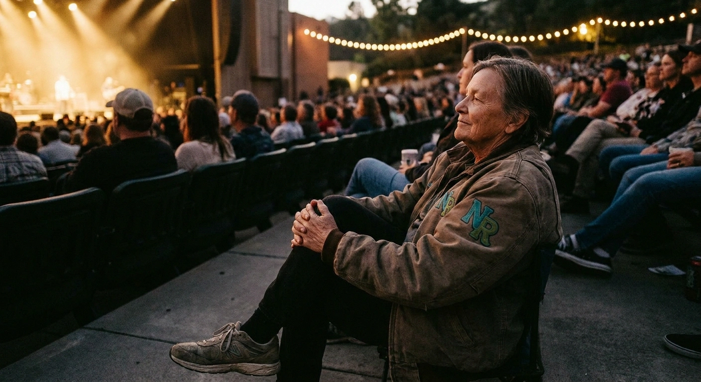 Older audience member comfortably seated at a concert, enjoying live music with proper seating and supportive footwear