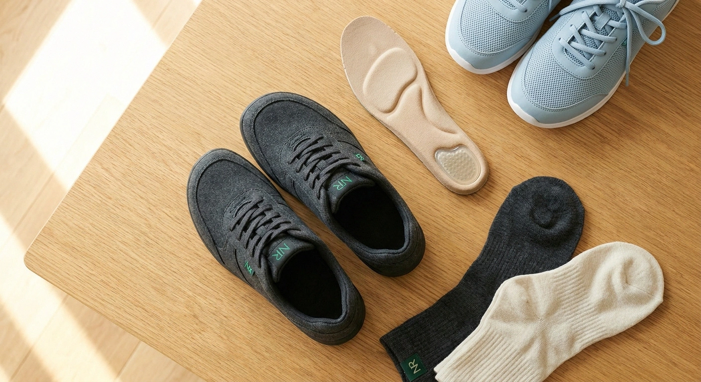 Flat-lay of wide-toe-box shoes, cushioned insoles, and seamless socks for reducing neuropathy cotton and pebble sensations