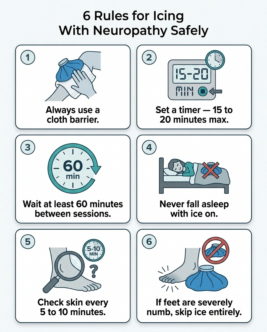 Six golden safety rules for using ice packs with neuropathy displayed as an infographic