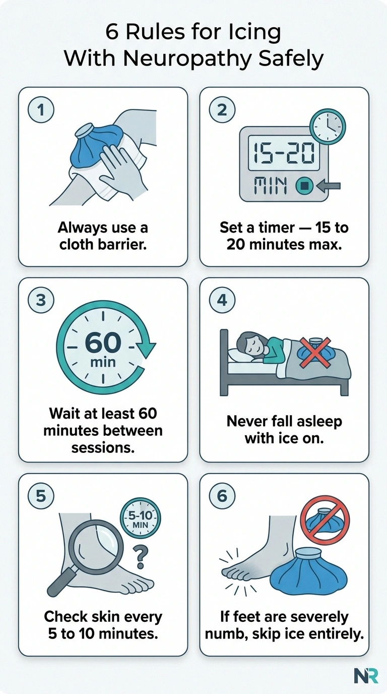Six golden safety rules for using ice packs with neuropathy displayed as an infographic