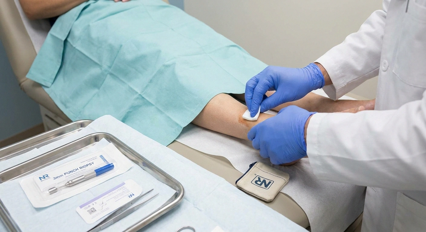 Doctor performing a small 3mm skin punch biopsy on the ankle to test for small fiber neuropathy
