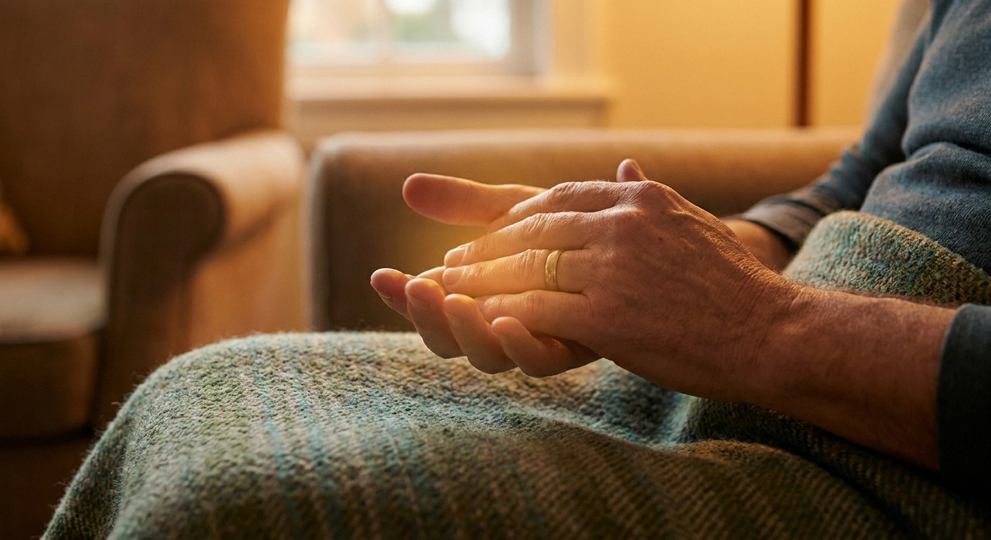 A person's hands cradled in warm evening light, gently rubbed together — the quiet felt experience of post-COVID burning and tingling.