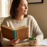 Woman in her late 30s at a kitchen table with a journal and folded medical report — quietly preparing to advocate for post-COVID small fiber neuropathy testing.