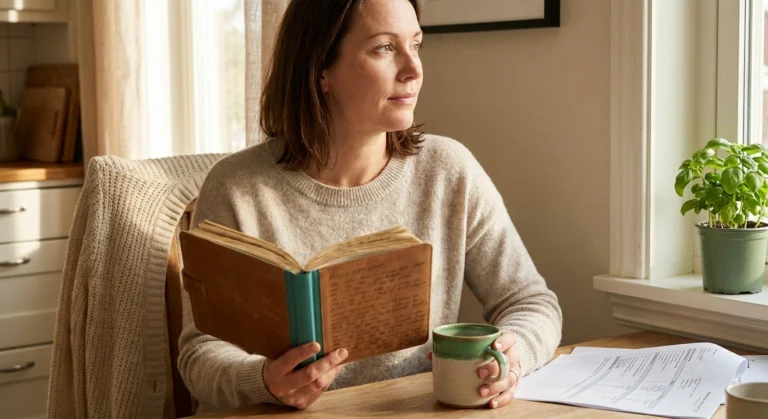 Woman in her late 30s at a kitchen table with a journal and folded medical report — quietly preparing to advocate for post-COVID small fiber neuropathy testing.