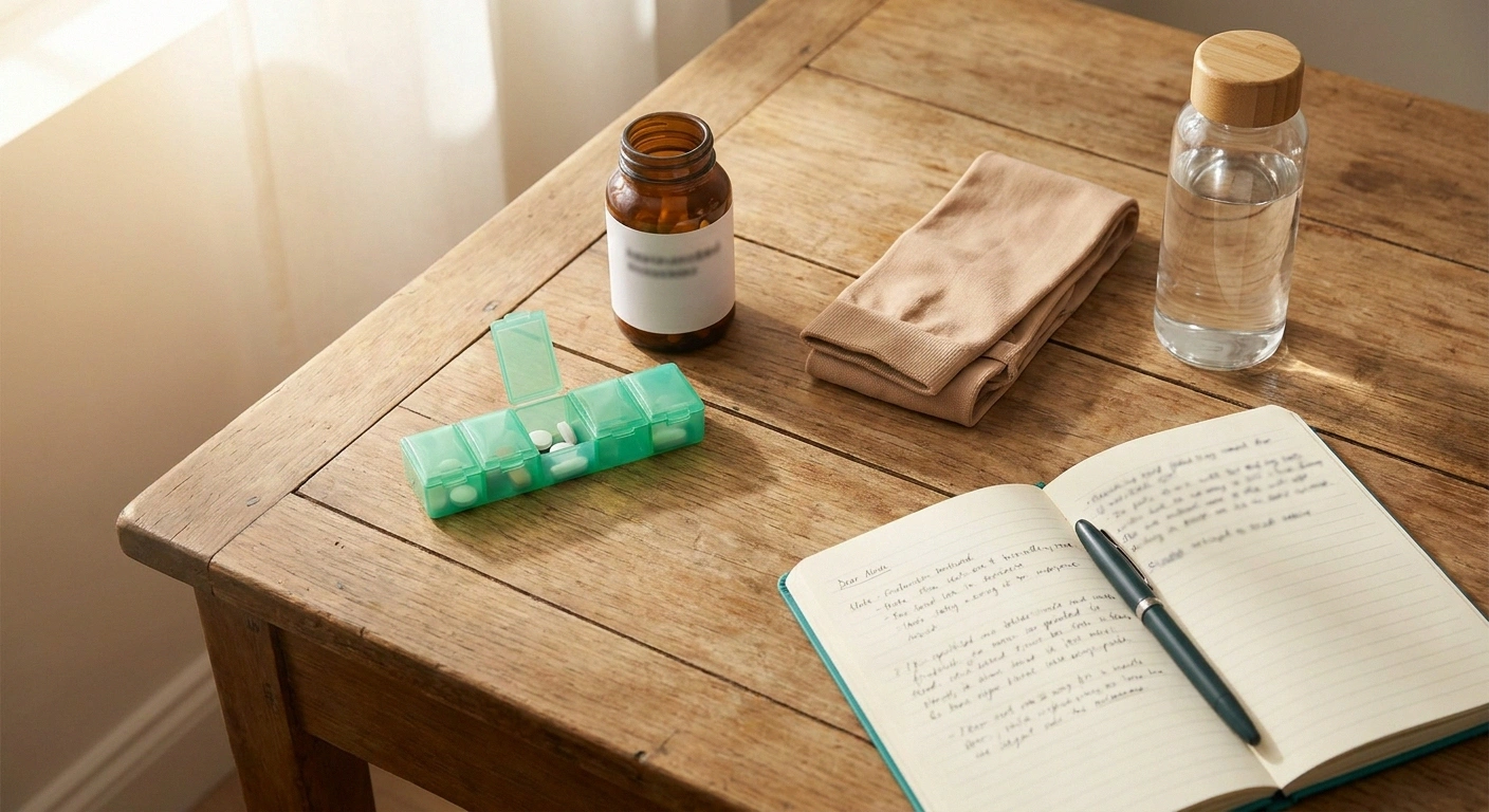 A morning still life of a pill organizer, compression stocking, water bottle, and journal — the shape of a real post-COVID small fiber neuropathy management routine.