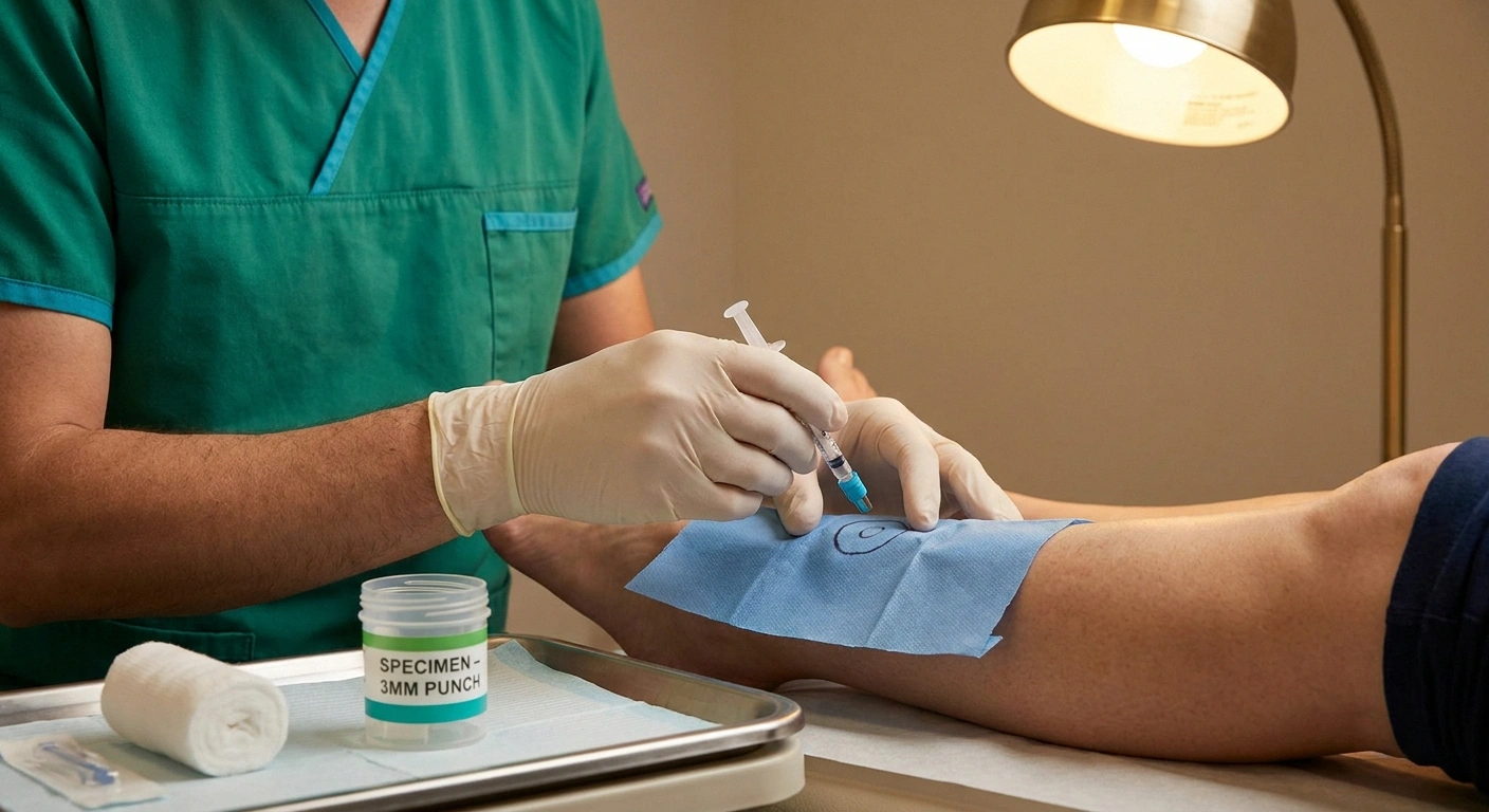 Clinician's gloved hands preparing a 3-millimeter skin punch biopsy on the lower calf — the gold-standard test for post-COVID small fiber neuropathy.