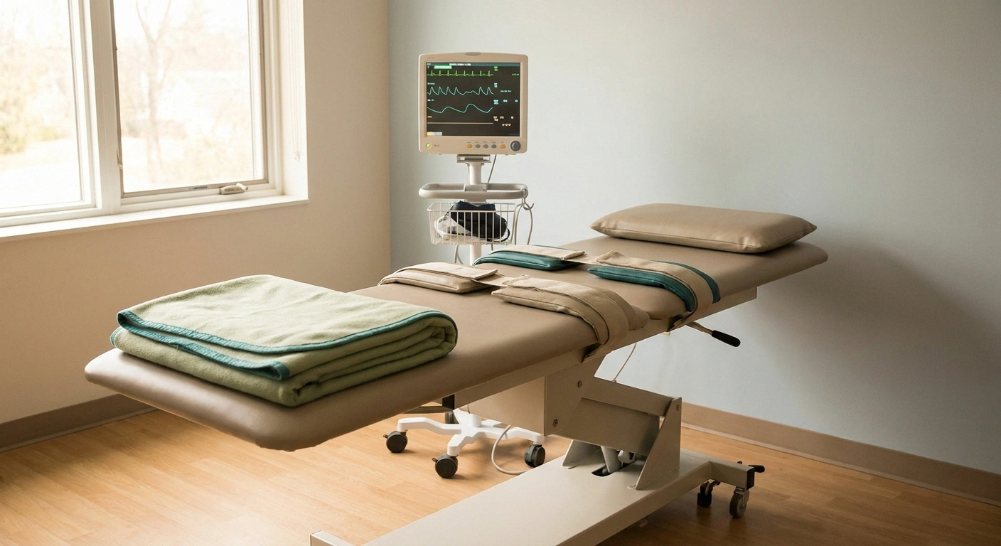 A quiet autonomic testing room with a tilt table prepared for a POTS and orthostatic assessment — one of the specialty tests used for post-COVID small fiber neuropathy.