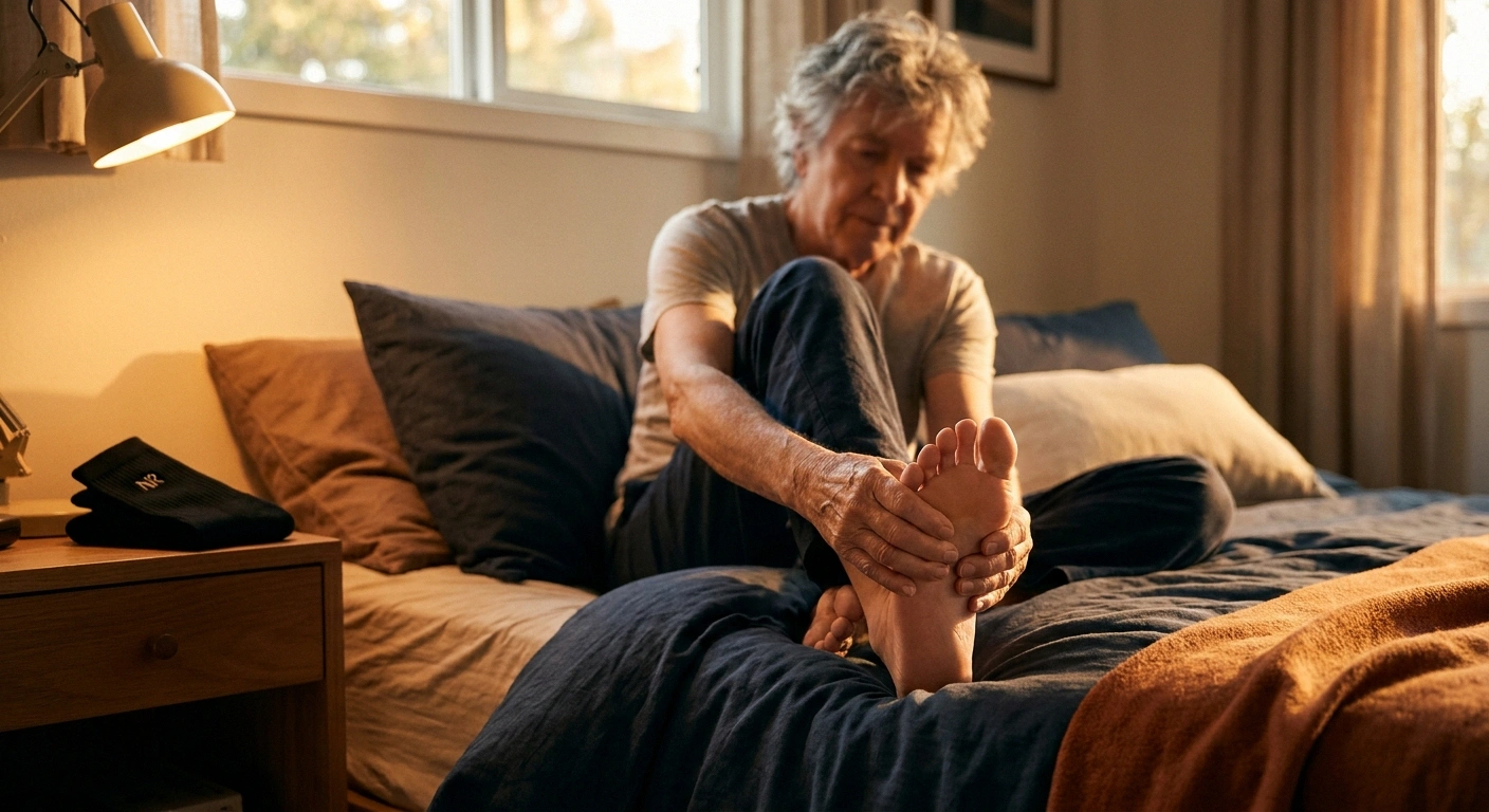 Older adult performs daily foot inspection by hand and eye alongside their smart socks for full neuropathy foot care.