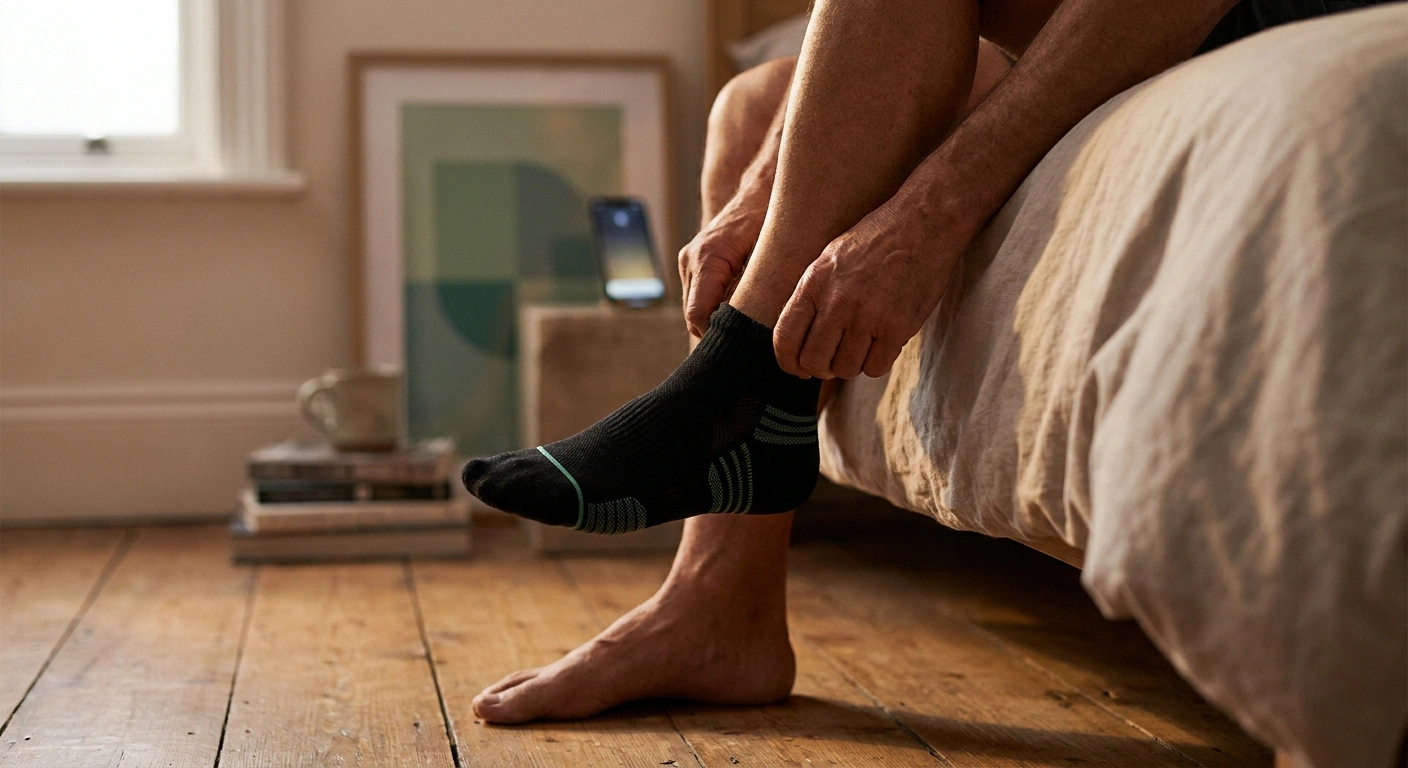Older adult pulling on a smart sock with foot temperature sensors to monitor for diabetic neuropathy hot spots.
