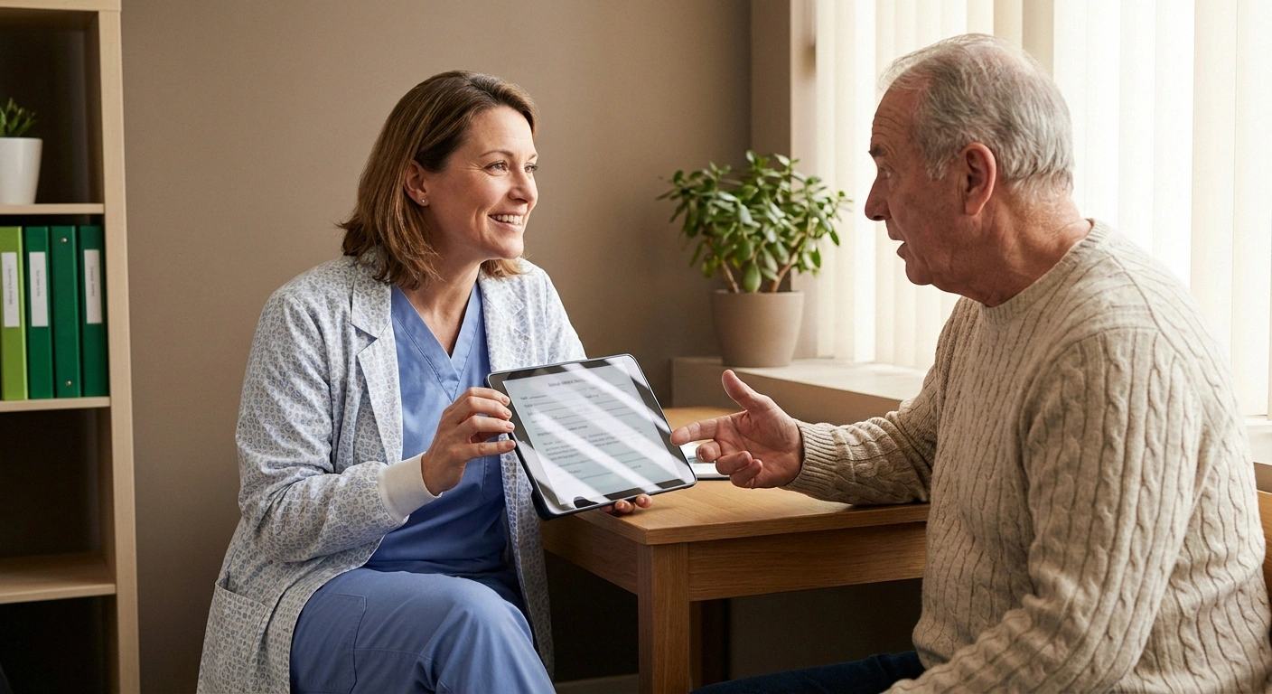 Patient talks with podiatrist about insurance coverage and prior authorization for smart sock foot temperature monitoring.