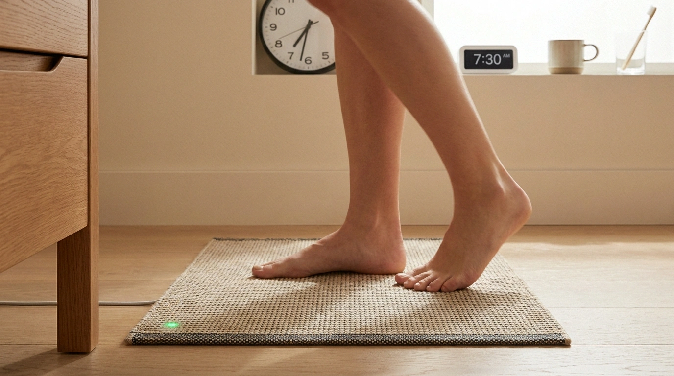 Person stands barefoot on a Podimetrics-style temperature monitoring mat during their morning routine to detect neuropathy hot spots.