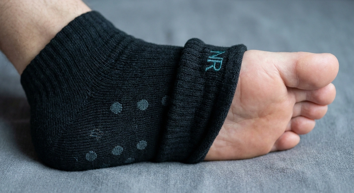 Close-up of a smart sock with embedded temperature sensors woven into the sole for diabetic foot monitoring.