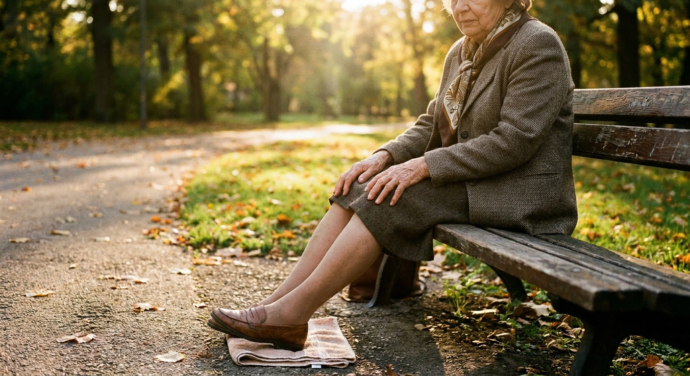 Older adult resting on a bench mid-walk with foot symptoms and leg fatigue both present