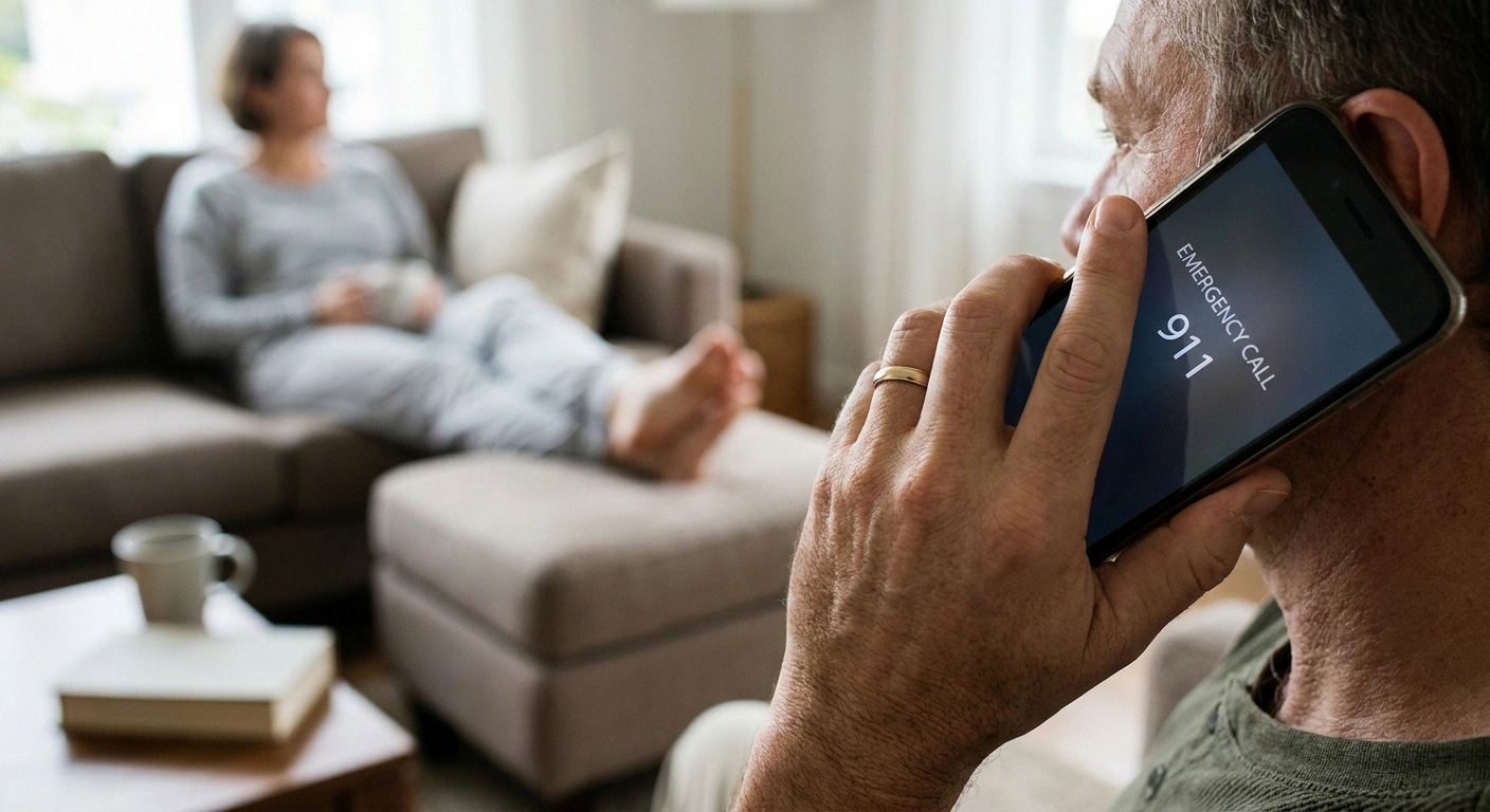 Family member calling emergency services after recognizing cauda equina warning signs