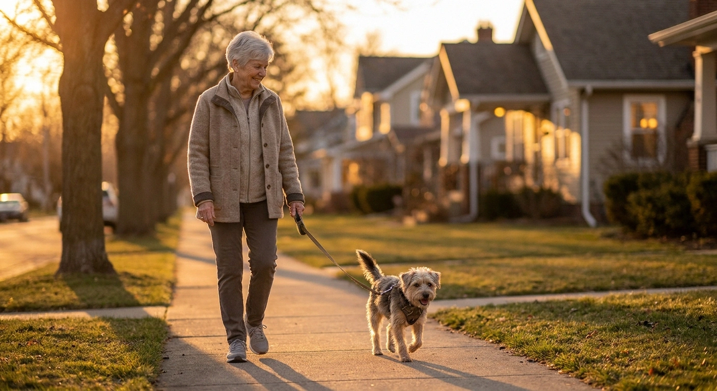 Older woman walking a small dog on a neighborhood sidewalk after treatment for spinal stenosis and neuropathy