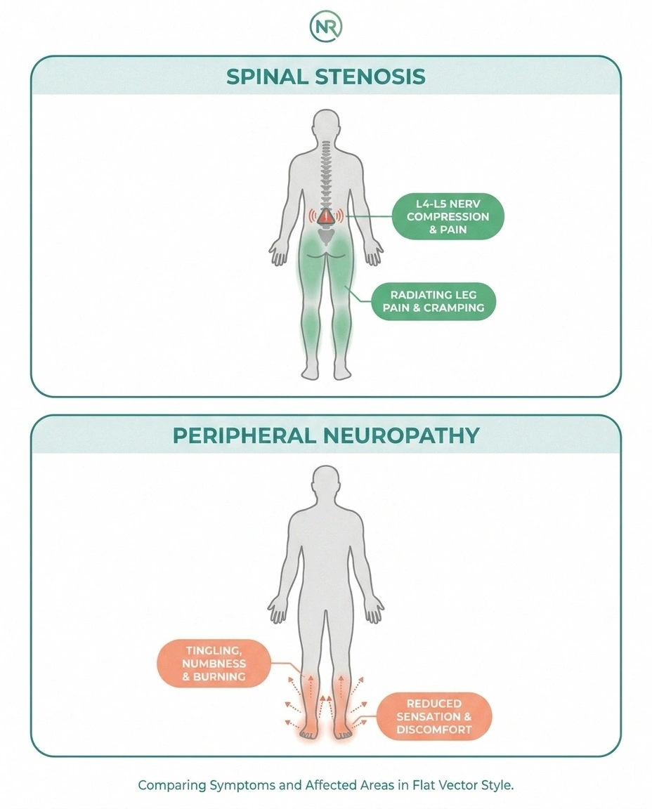 Body diagram comparing spinal stenosis pain areas above the ankle with peripheral neuropathy in the feet