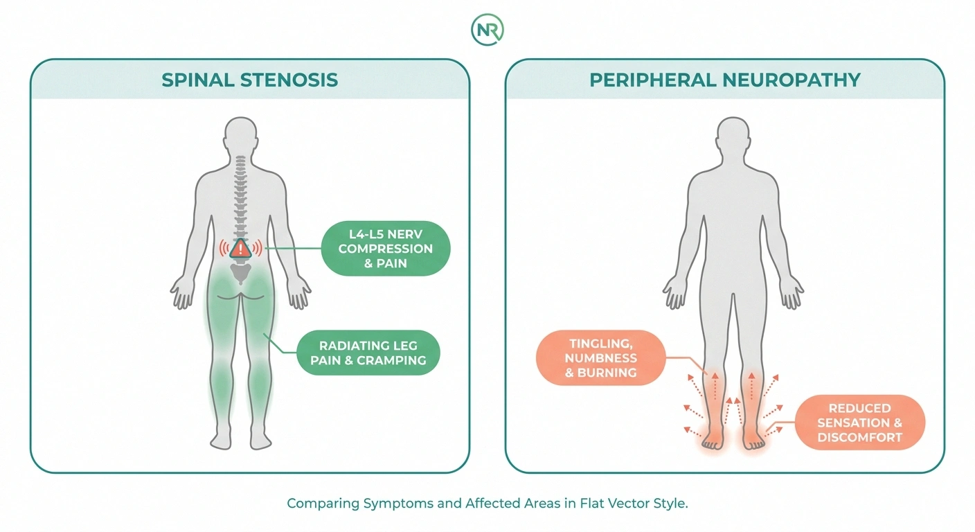 Body diagram comparing spinal stenosis pain areas above the ankle with peripheral neuropathy in the feet